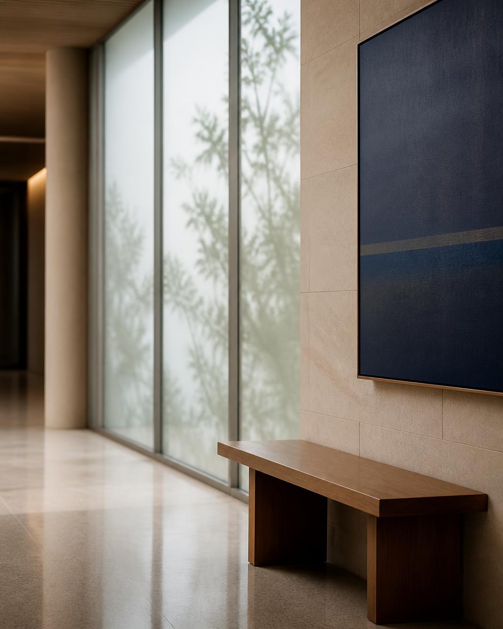 A quiet, daylit corridor with a wooden bench inside a modern international medical centre