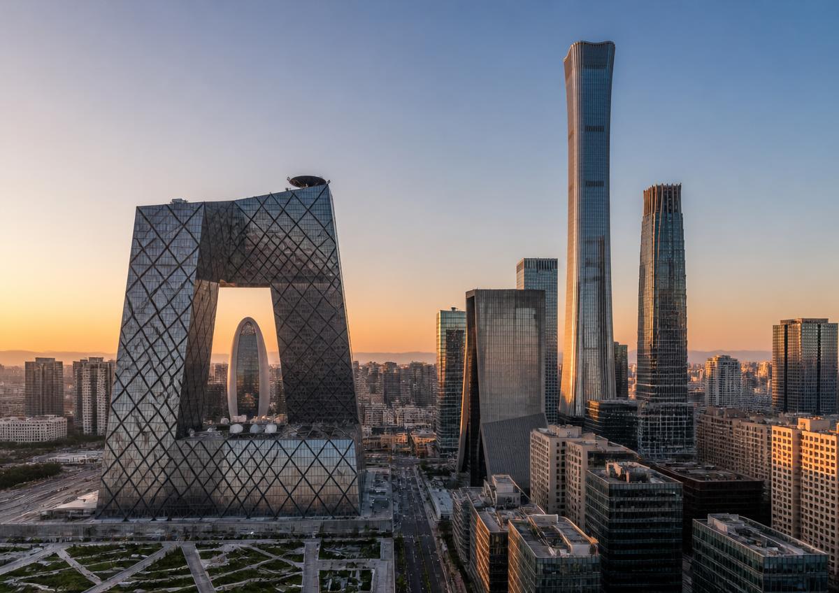 Beijing, China — central business district skyline at sunset