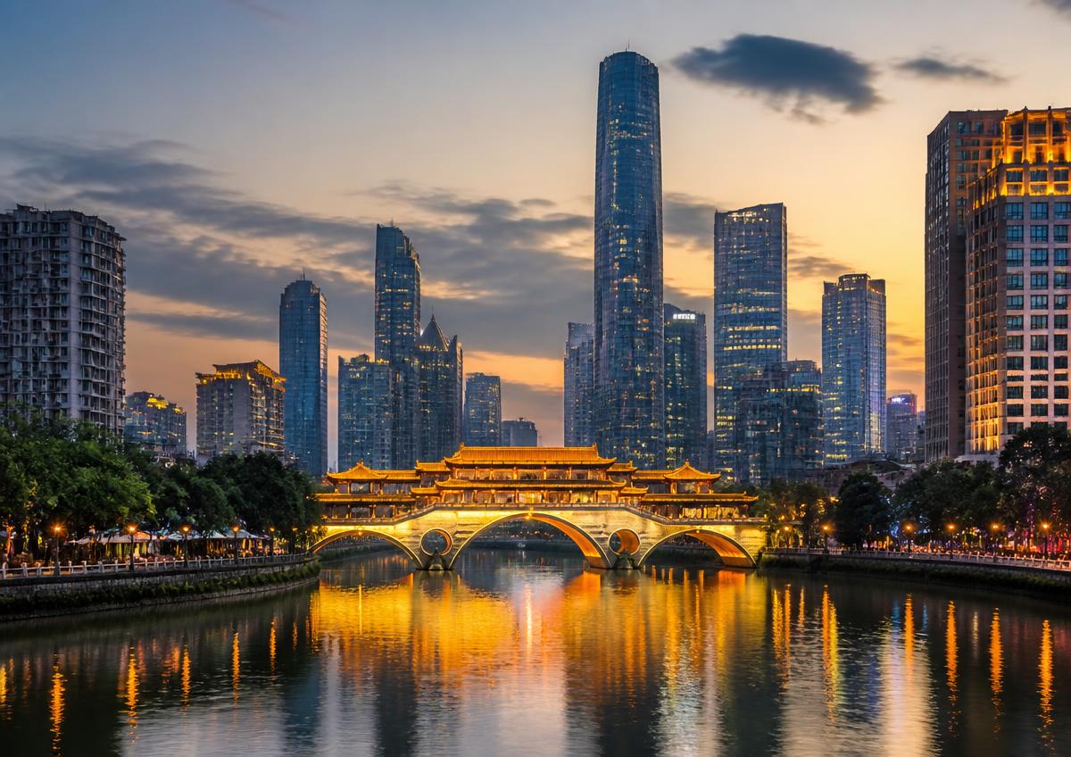 Chengdu, China — Anshun bridge and skyline at dusk