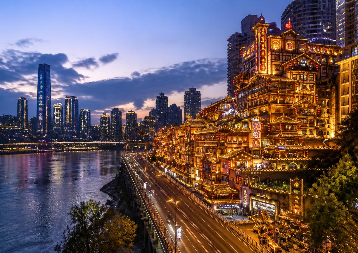 Chongqing, China — Hongyadong riverside district at night