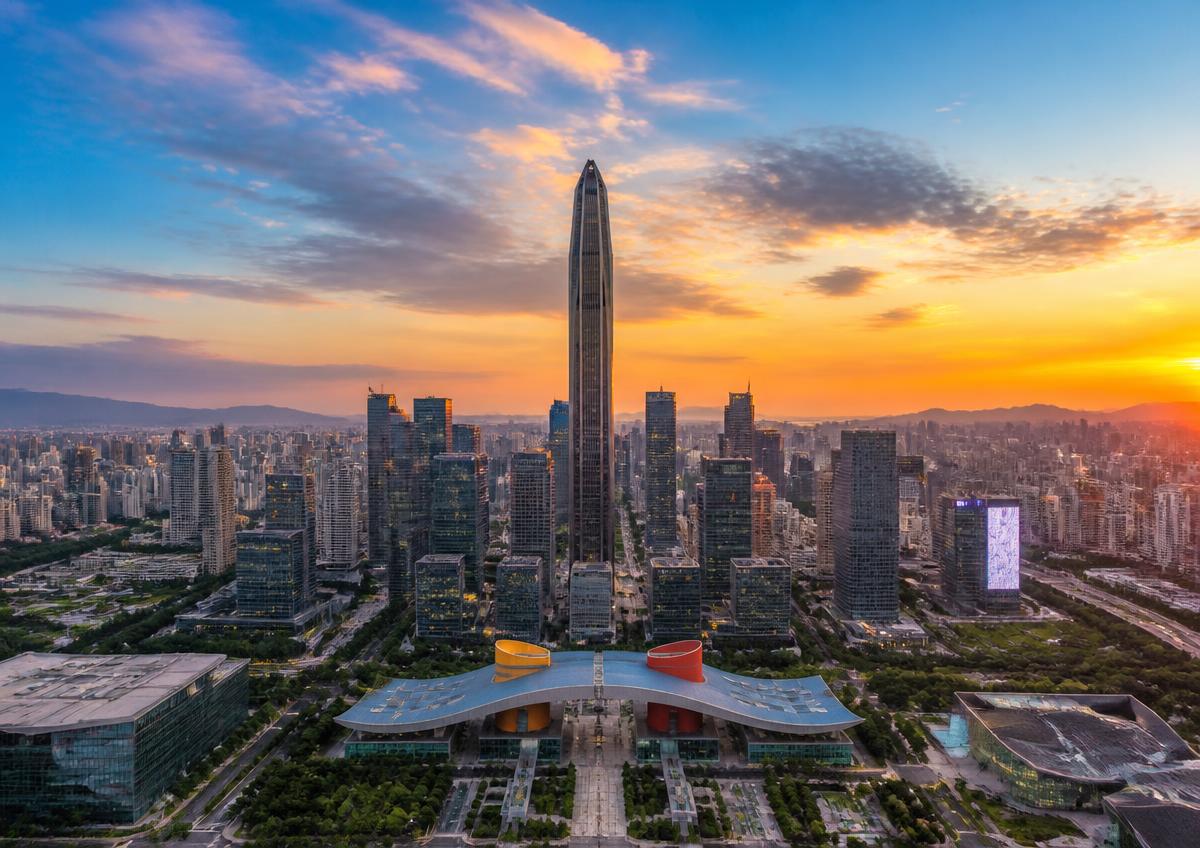 Shenzhen, China — Futian central business district at sunset