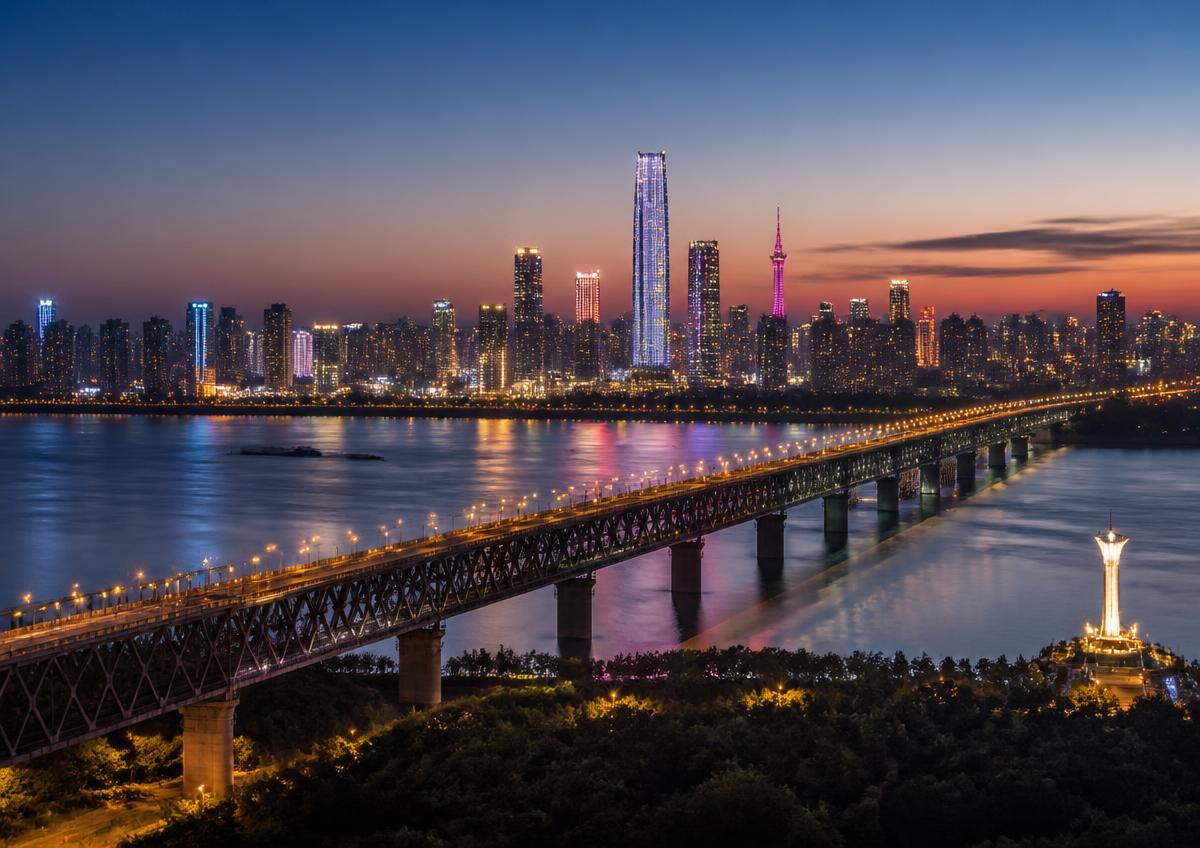 Wuhan, China — Yangtze River bridge and skyline at dusk