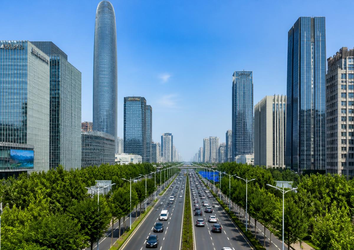 Zhengzhou, China — modern city avenue and high-rise district