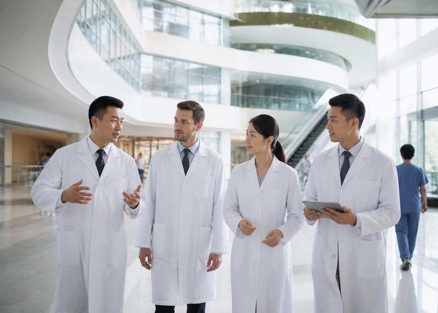 A multicultural team of Chinese and Western healthcare professionals walking through the atrium of a modern Chinese hospital