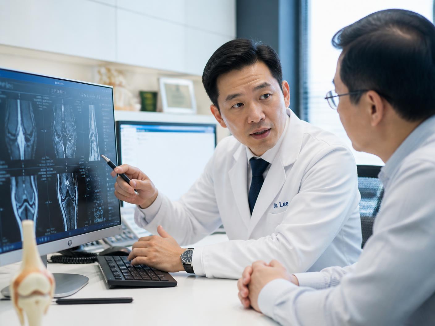 An orthopaedic specialist reviewing joint imaging with a patient