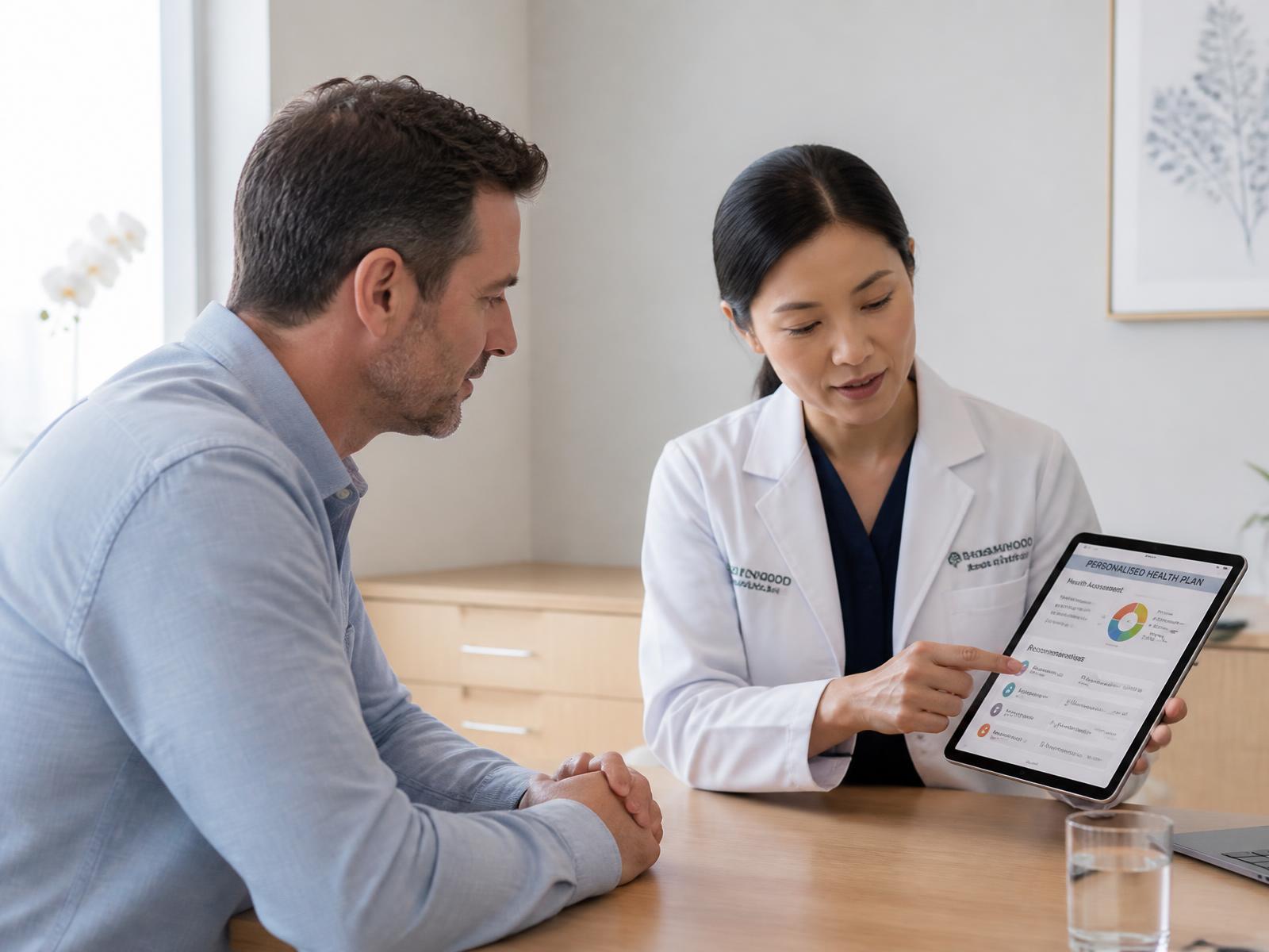 A clinician reviewing a personalised health plan with an international patient in a calm consultation room